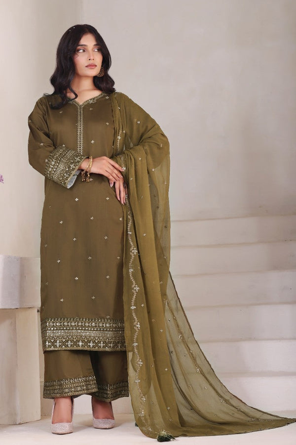 Green Punkh 3 piece stitched embroidered suit