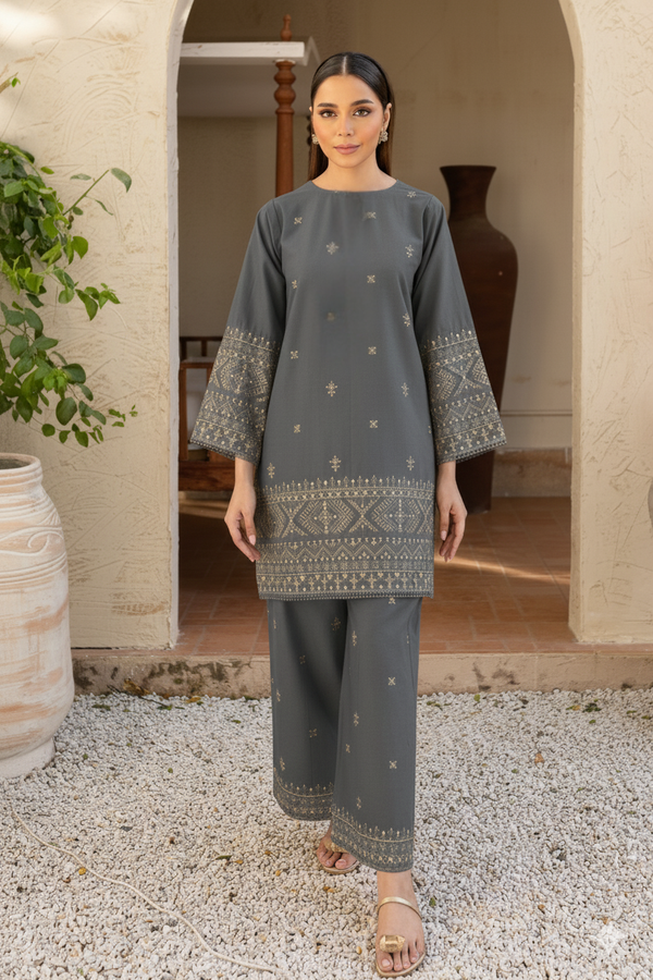 Grey Ash 2 piece Embroidered Khaddar Stitched suit