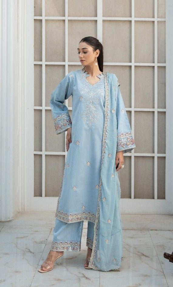 Blue Azure Petal 3 piece Embroidered Luxury Pret For Women