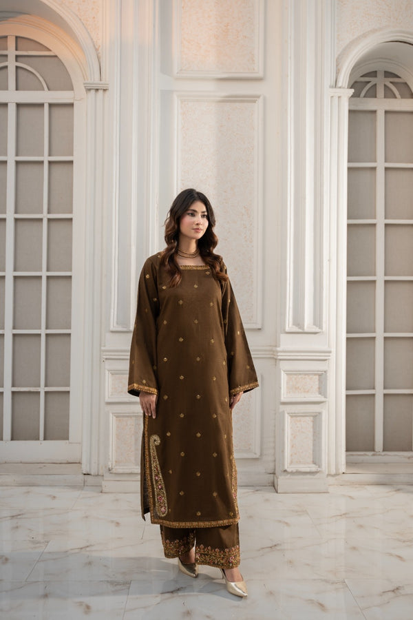 Tobacco Elegance  2 piece Khaddar Embroidered Stitched suit
