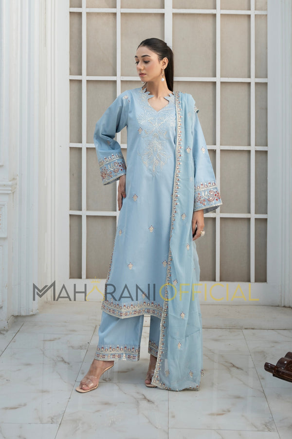Blue Azure Petal 3 piece Embroidered Luxury Pret For Women