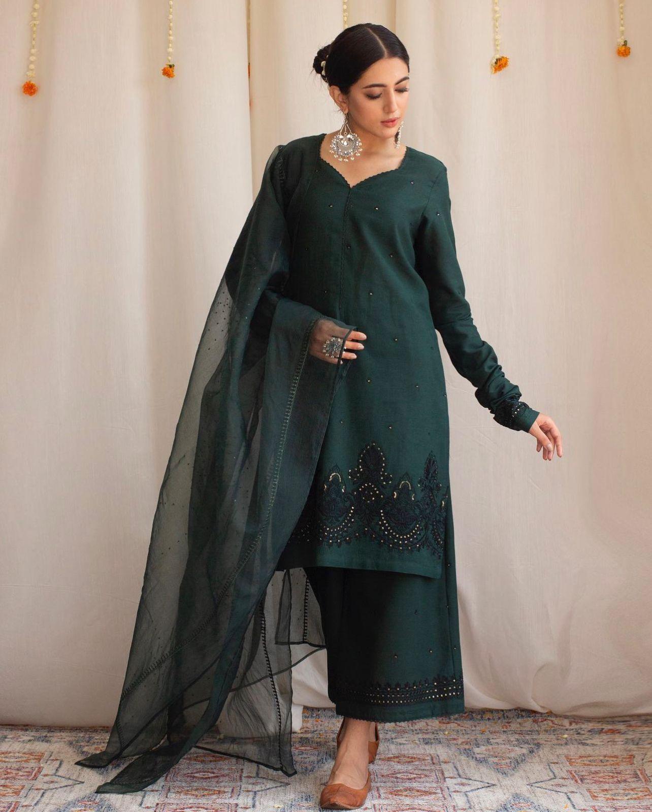 Bottle Green | 3-Piece Stitched Suit - MAHARANI