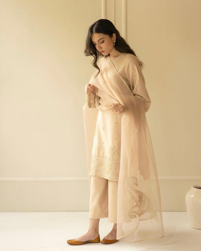 Badam Beige 3-Piece Stitched Suit - MAHARANI