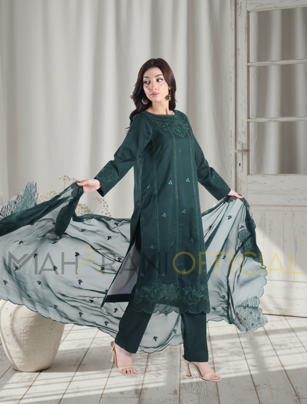Green Allure 3 piece Embroidered Stitched suit