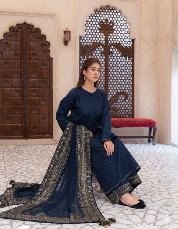 Navy Blue Mystique – Luxury Embroidered Suit for Women